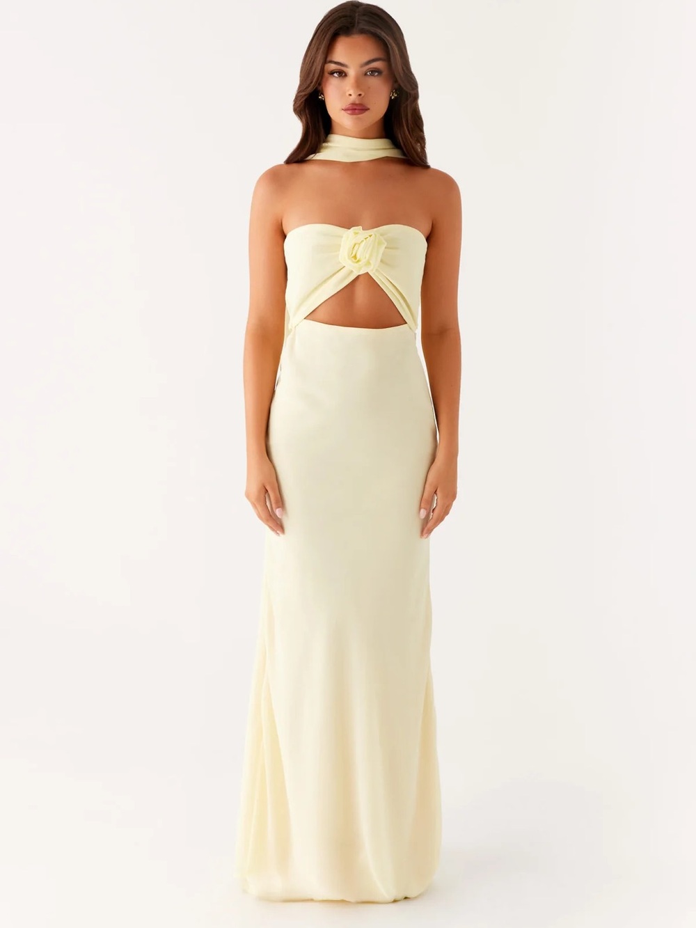 Peppermayo New Light Maxi Dress XS Yellow Strapless Cutout Rosette Scarf